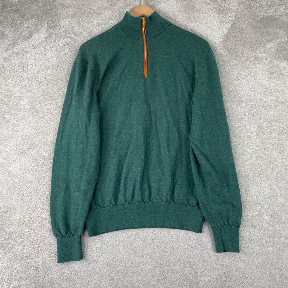 Collars & Co. Sweater Mens Large Green Australian Merino Wool Quarter Zip Knit
